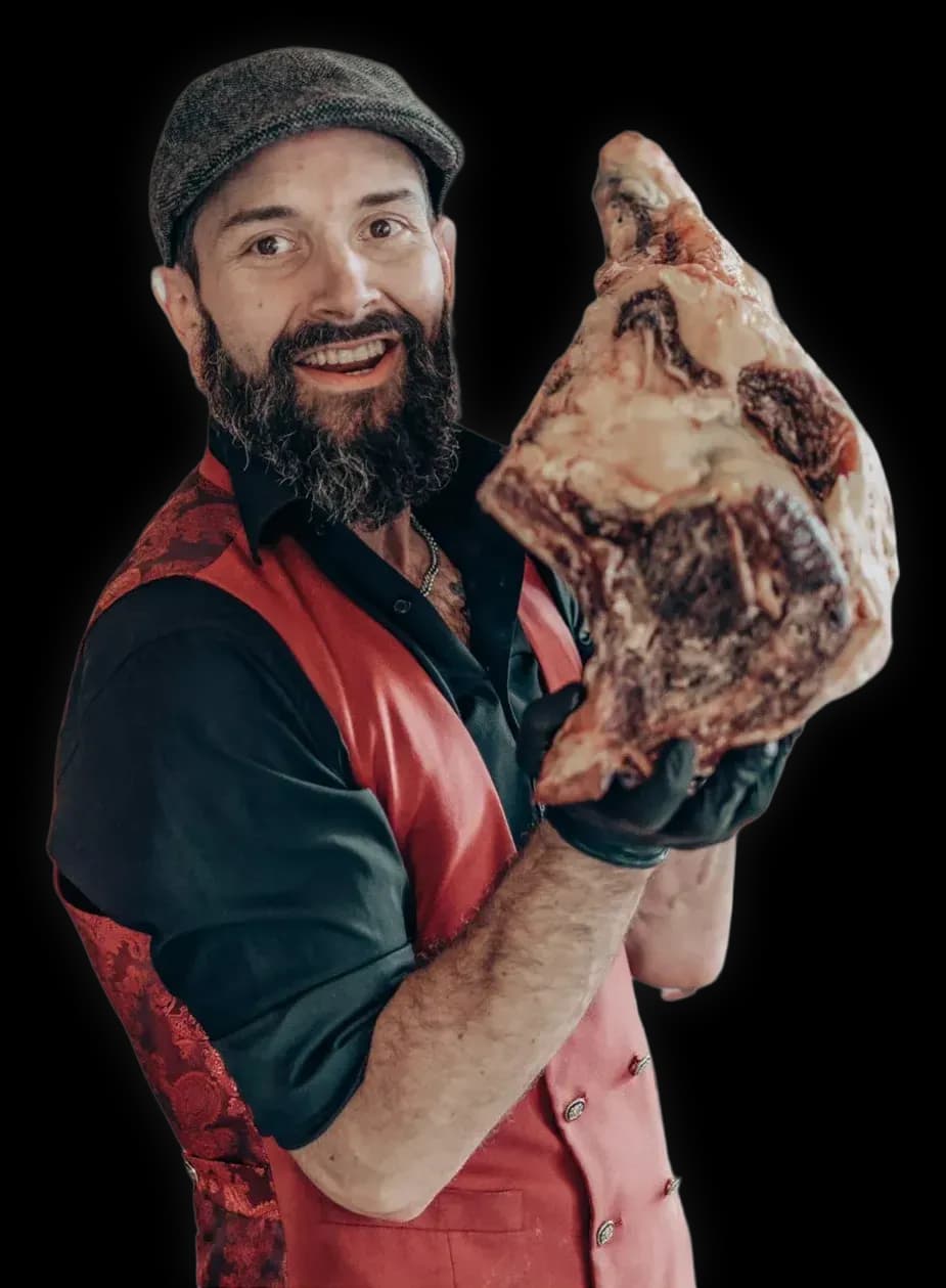 Mario im roten Gilet mit einem grossen Knochenstück